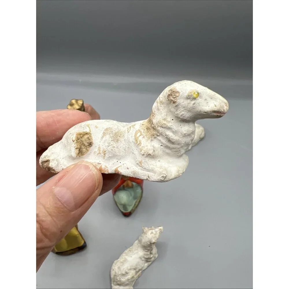 Vtg German Papier-Mâché Nativity 7 Pieces Christmas Lambs Magi Mary Old w/ Wear